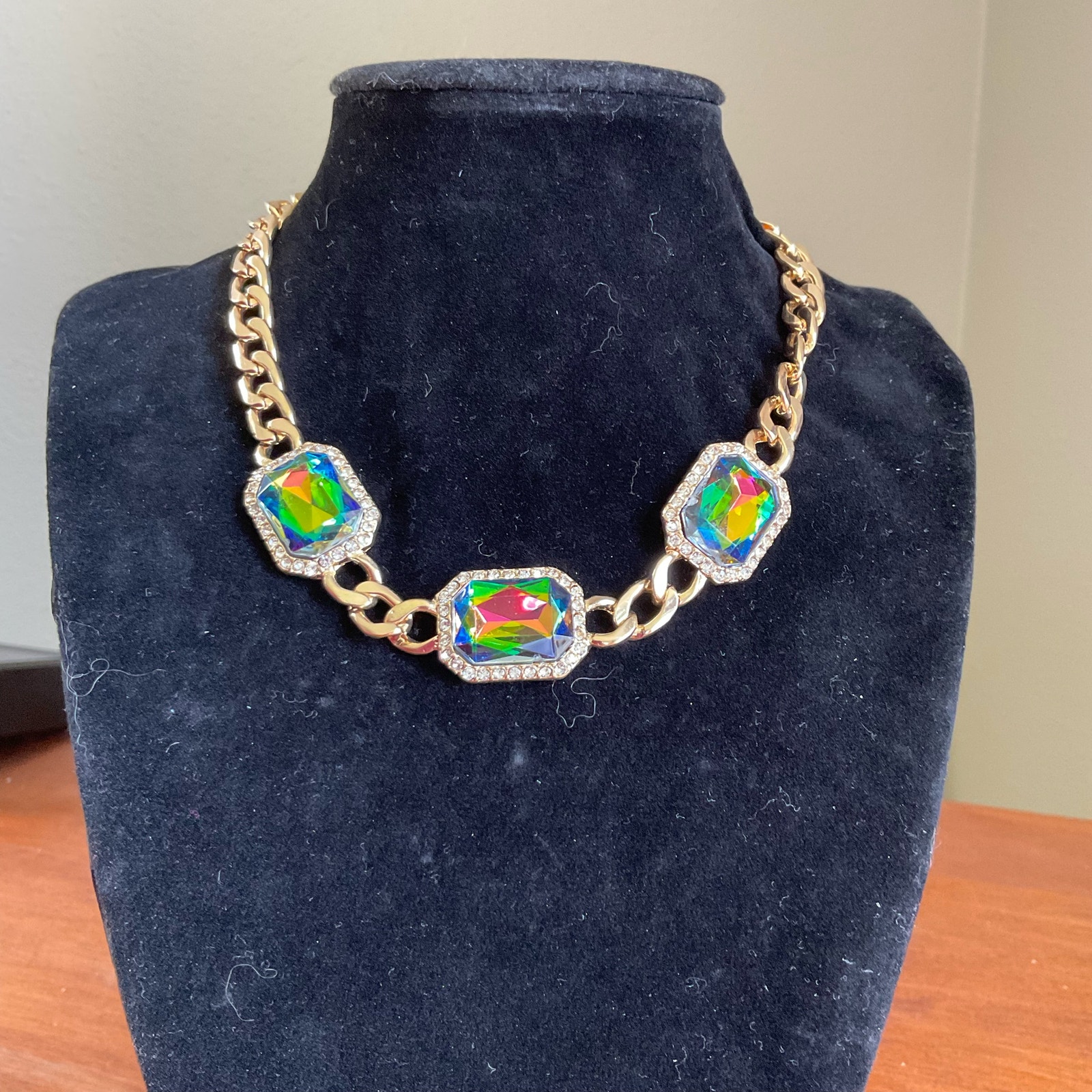 Rhinestone And Gold Statement Necklace 13$